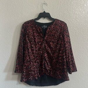ALEX EVENINGS Burgundy/Black 3/4 Sleeve Sequin Jacket Size M